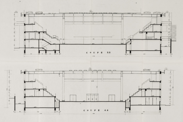 Nevers Centre municipal. Maison des sports. 10. Plan d’exécution. Coupes transversales. Octobre 1964. © Région Bourgogne-Franche-Comté, Inventaire du patrimoine Nevers Centre municipal. Maison des sports. 10. Plan d’exécution. Coupes transversales. Octobre 1964. © Région Bourgogne-Franche-Comté, Inventaire du patrimoine