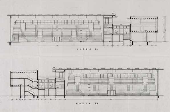 Nevers Centre municipal. Maison des sports. 11. Plan d’exécution. Coupes longitudinales. Octobre 1964. © Région Bourgogne-Franche-Comté, Inventaire du patrimoine Nevers Centre municipal. Maison des sports. 11. Plan d’exécution. Coupes longitudinales. Octobre 1964. © Région Bourgogne-Franche-Comté, Inventaire du patrimoine
