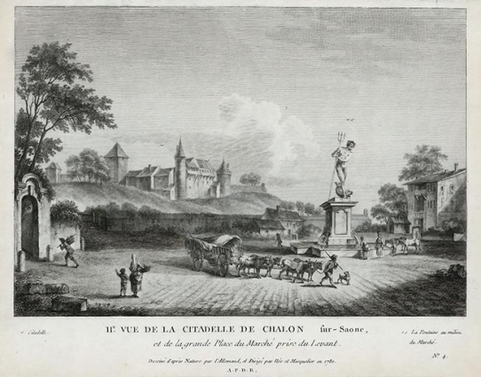 Chalon-sur-Saône.- Deuxième vue de la citadelle de Chalon et de la grande place du marché prise du levant. 1780. © Archives départementales de Saône-et-Loire Chalon-sur-Saône.- Deuxième vue de la citadelle de Chalon et de la grande place du marché prise du levant. 1780. © Archives départementales de Saône-et-Loire