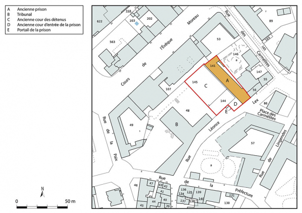 Plan-masse et de situation. Extrait du plan cadastral numérisé de la direction générale des finances publiques, 2022, échelle 1/1000. © Région Bourgogne-Franche-Comté, Inventaire du patrimoine