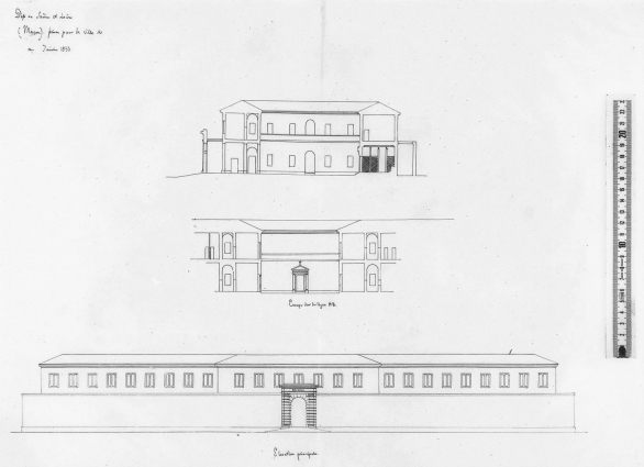 Projet d'extension (élévation et coupes). 1833. © Archives nationales