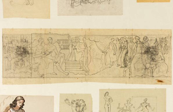 2e tableau : [2C] Esquisse de la peinture côté cour, avec quadrillage. © Région Bourgogne-Franche-Comté, Inventaire du patrimoine