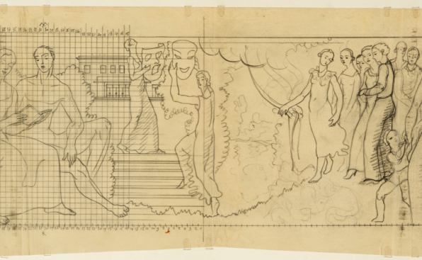 2e tableau : [2C] Esquisse de la peinture côté cour, partie centrale. © Région Bourgogne-Franche-Comté, Inventaire du patrimoine