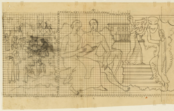 2e tableau : [2C] Esquisse de la peinture côté cour, partie gauche. © Région Bourgogne-Franche-Comté, Inventaire du patrimoine