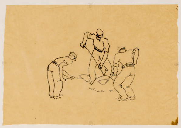 2e tableau : [1G] 3 ouvriers avec pelles. © Région Bourgogne-Franche-Comté, Inventaire du patrimoine