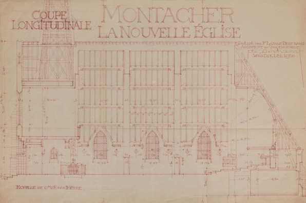 Coupe longitudinale de l'église, 1950.  © Région Bourgogne-Franche-Comté, Inventaire du patrimoine