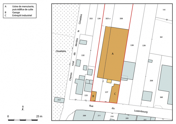 Plan masse, échelle 1 / 500 e. © Région Bourgogne-Franche-Comté, Inventaire du patrimoine Plan masse, échelle 1 / 500 e. © Région Bourgogne-Franche-Comté, Inventaire du patrimoine