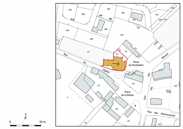 Plan de situation. Extrait du plan cadastral (DGFIP), 2024, 1/1 000. © Région Bourgogne-Franche-Comté, Inventaire du patrimoine Plan de situation. Extrait du plan cadastral (DGFIP), 2024, 1/1 000. © Région Bourgogne-Franche-Comté, Inventaire du patrimoine