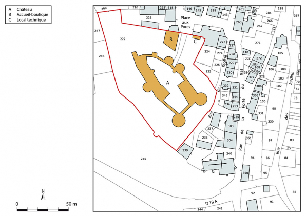 Plan de situation. Extrait du plan cadastral (DGFIP), 2022, 1/1 000. © Région Bourgogne-Franche-Comté, Inventaire du patrimoine Plan de situation. Extrait du plan cadastral (DGFIP), 2022, 1/1 000. © Région Bourgogne-Franche-Comté, Inventaire du patrimoine