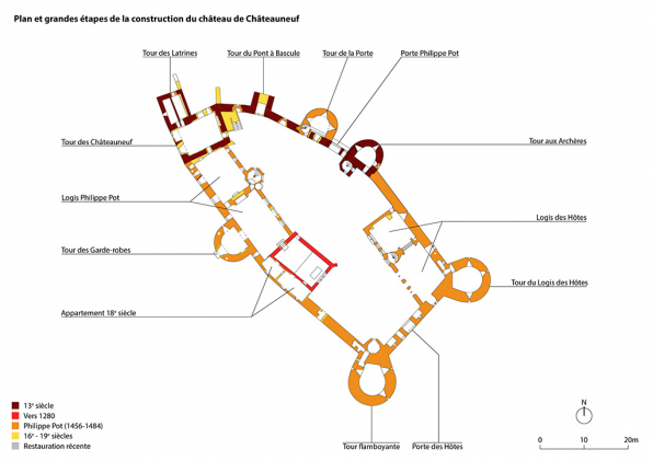 Plan et grandes étapes de la construction du château de Châteauneuf, 1/500. © Région Bourgogne-Franche-Comté, Inventaire du patrimoine Plan et grandes étapes de la construction du château de Châteauneuf, 1/500. © Région Bourgogne-Franche-Comté, Inventaire du patrimoine