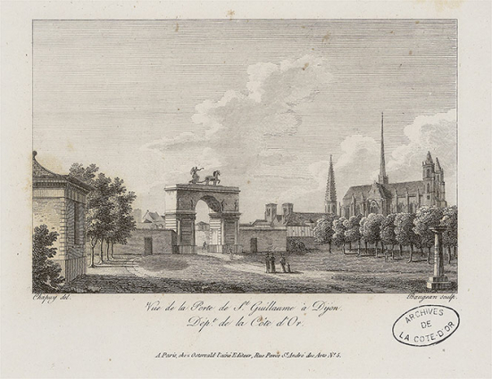 Vue de la Porte Guillaume à Dijon. 1817. © Archives départementales de la Côte-d'Or, Dijon