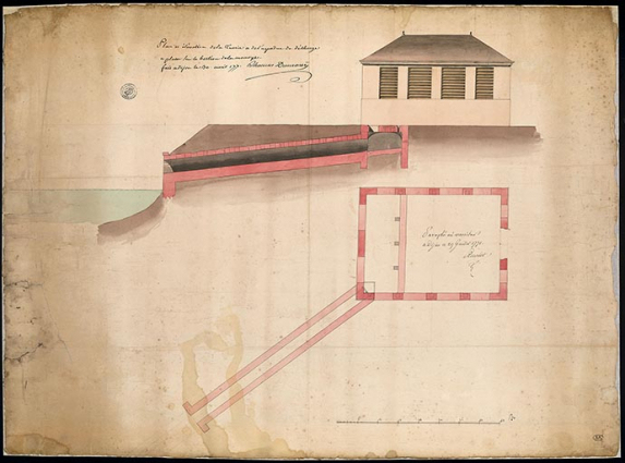 Plan et élévation de la tuerie et de l'aqueduc de décharge à placer sur le bastion de la Monnoye. 1771. (DD85). © Archives de Chalon Plan et élévation de la tuerie et de l'aqueduc de décharge à placer sur le bastion de la Monnoye. 1771. (DD85). © Archives de Chalon