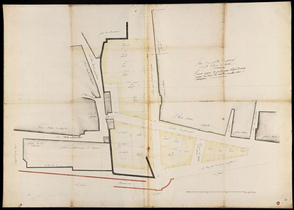[Plan d'une partie du faubourg de Sainte-Marie à Chalon. Premier projet en prolongeant la ligne du quai jusqu'au bout du bastion Morelle sans interruption]. S.d. [18e siècle). (cote : DD107). © Archives de Chalon