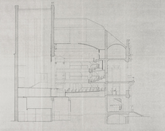 Ville d'Autun. Théâtre municipal. Place du Champ de Mars. Projet de rénovation. 7706 20. Coupe long. AA sur salle. Février 1978.  © Région Bourgogne-Franche-Comté, Inventaire du patrimoine