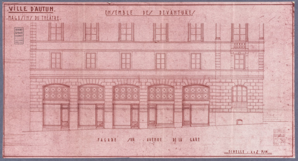 Ville d'Autun. Magasins du théâtre. Ensemble des devantures. S.d. [1953 ou 1954].  © Région Bourgogne-Franche-Comté, Inventaire du patrimoine