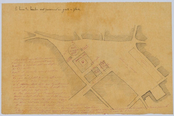[Projet de halle en rotonde]. S.d. [1875]. Le théâtre et la maison Dubois sont indiqués. © Région Bourgogne-Franche-Comté, Inventaire du patrimoine