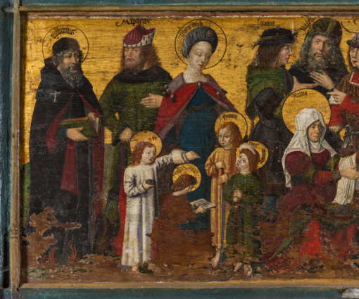 Détail, partie dextre : saint Antoine, Alphé, Marie Jacobé, Jacques le Mineur, Joseph Barsabas, Simon le Zélote et Jude. © Région Bourgogne-Franche-Comté, Inventaire du patrimoine Détail, partie dextre : saint Antoine, Alphé, Marie Jacobé, Jacques le Mineur, Joseph Barsabas, Simon le Zélote et Jude. © Région Bourgogne-Franche-Comté, Inventaire du patrimoine