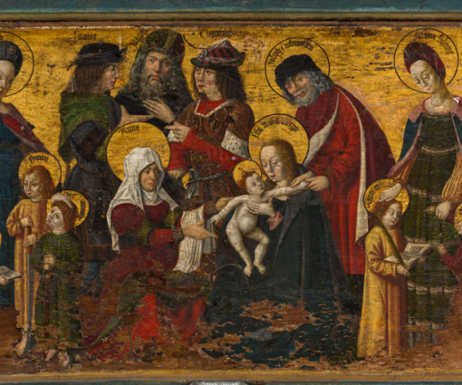 Détail, partie centrale : sainte Anne, la Vierge et l'Enfant, Salomas (?), Joachim, Cléophas et Joseph. © Région Bourgogne-Franche-Comté, Inventaire du patrimoine Détail, partie centrale : sainte Anne, la Vierge et l'Enfant, Salomas (?), Joachim, Cléophas et Joseph. © Région Bourgogne-Franche-Comté, Inventaire du patrimoine