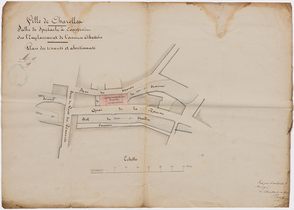 Ville de Charolles. Salle de spectacle à construire sur l'emplacement de l'ancien abattoir. Plan des tenants et aboutissants. 10 mai 1840.  © Région Bourgogne-Franche-Comté, Inventaire du patrimoine