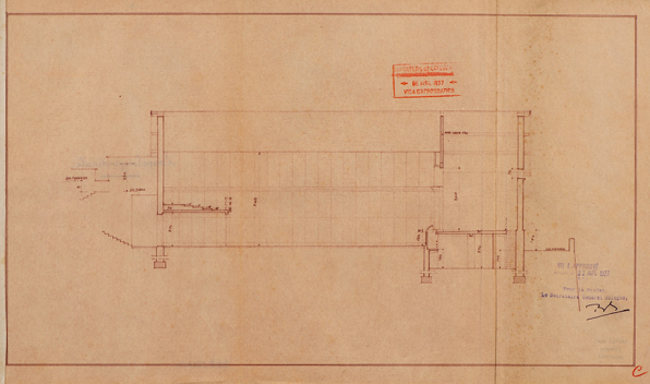 Ville de Charolles. Foyer municipal. Coupe longitudinale. S.d. [Visa du 16 avril 1937].  © Région Bourgogne-Franche-Comté, Inventaire du patrimoine
