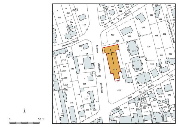 Plan de situation, extrait cadastral de la Direction Générale des Finances Publiques (DGFiP) 2022, échelle 1/1000e. © Région Bourgogne-Franche-Comté, Inventaire du patrimoine