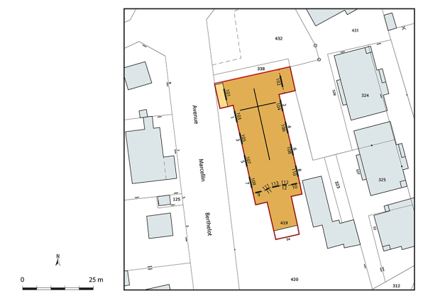 Plan des baies, xtrait cadastral de la Direction Générale des Finances Publiques (DGFiP) 2022, échelle 1/500e. © Région Bourgogne-Franche-Comté, Inventaire du patrimoine