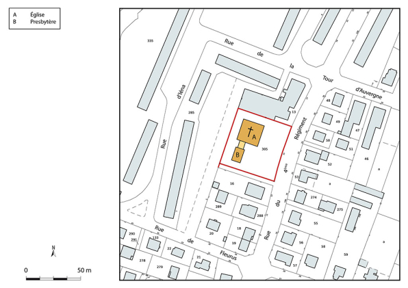 Plan masse et de situation, extrait cadastral de la Direction Générale des Finances Publiques (DGFiP) 2022, échelle 1/1000e. © Région Bourgogne-Franche-Comté, Inventaire du patrimoine