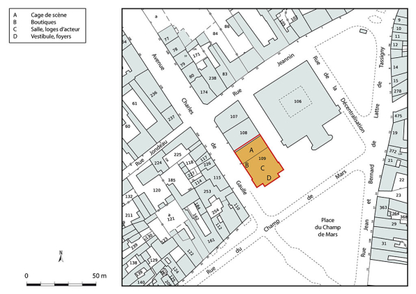 Plan-masse et de situation. Extrait du plan cadastral de la Direction Générale des Finances Publiques (DGFiP), 2022, section AT, 1/1 000. © Région Bourgogne-Franche-Comté, Inventaire du patrimoine