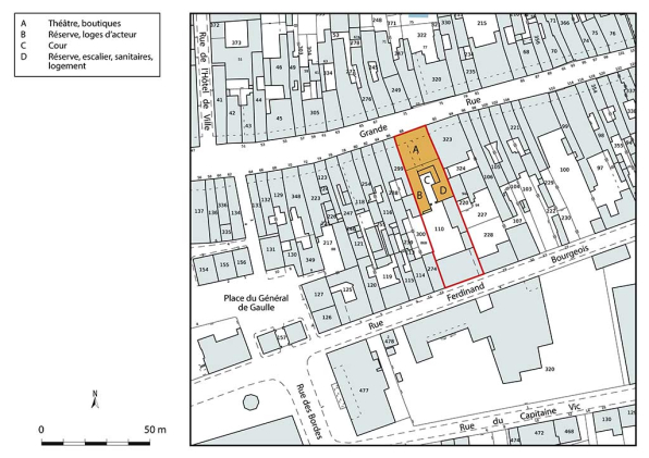 Plan-masse et de situation. Extrait du plan cadastral de la Direction Générale des Finances Publiques (DGFiP), 2022, section AH, 1/500 réduit à 1/1 000. © Région Bourgogne-Franche-Comté, Inventaire du patrimoine