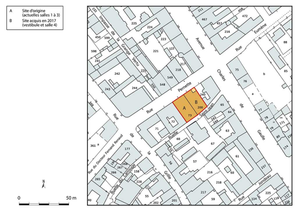 Plan-masse et de situation. Extrait du plan cadastral de la Direction Générale des Finances Publiques (DGFiP), 2022, section AT, 1/1 000. © Région Bourgogne-Franche-Comté, Inventaire du patrimoine