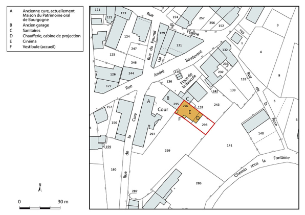 Plan-masse et de situation. Extrait du plan cadastral de la Direction Générale des Finances Publiques (DGFiP), 2022, section AE, 1/1 000 agrandi à 1/750. © Région Bourgogne-Franche-Comté, Inventaire du patrimoine