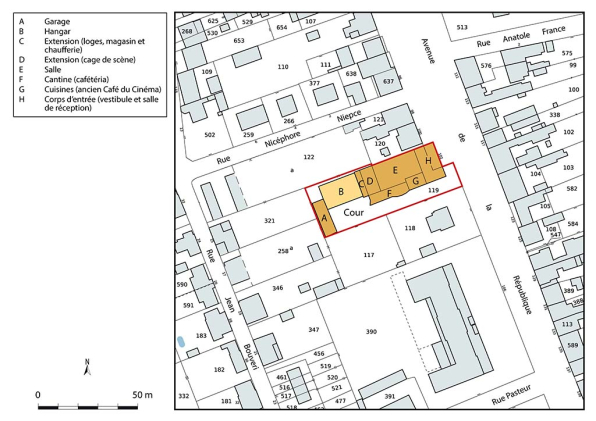 Plan-masse et de situation. Extrait du plan cadastral de la Direction Générale des Finances Publiques (DGFiP), 2022, section L, 1/1 000. © Région Bourgogne-Franche-Comté, Inventaire du patrimoine