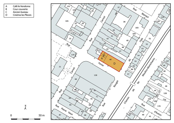 Plan-masse et de situation. Extrait du plan cadastral de la Direction Générale des Finances Publiques (DGFiP), 2022, section BP, 1/500 agrandi à 1/1 000. © Région Bourgogne-Franche-Comté, Inventaire du patrimoine