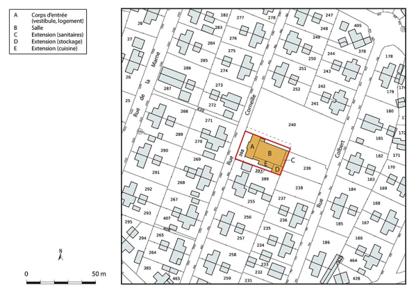 Plan-masse et de situation. Extrait du plan cadastral de la Direction Générale des Finances Publiques (DGFiP), 2022, section BI, 1/1 000 © Région Bourgogne-Franche-Comté, Inventaire du patrimoine