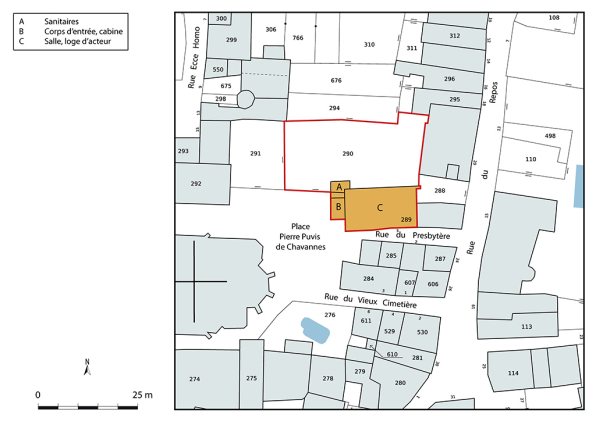 Plan-masse et de situation. Extrait du plan cadastral de la Direction Générale des Finances Publiques (DGFiP), 2022, section AB, 1/1 000 agrandi à 1/500. © Région Bourgogne-Franche-Comté, Inventaire du patrimoine