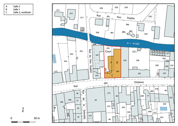 Plan-masse et de situation. Extrait du plan cadastral de la Direction Générale des Finances Publiques (DGFiP), 2022, section AE, 1/1 000 agrandi à 1/750. © Région Bourgogne-Franche-Comté, Inventaire du patrimoine