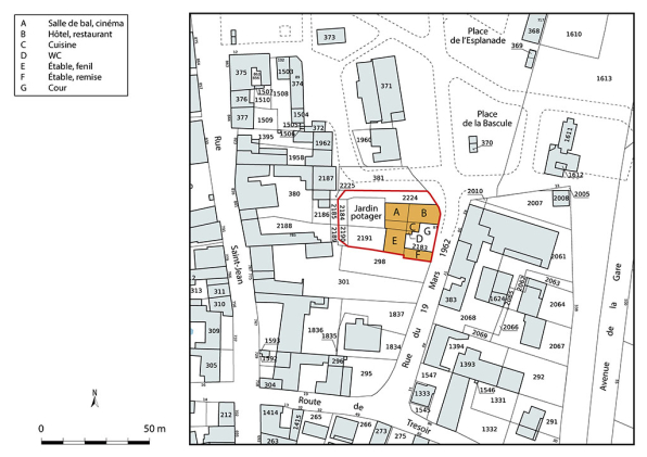Plan-masse et de situation. Extrait du plan cadastral de la Direction Générale des Finances Publiques (DGFiP), 2022, section F, 1/1 250 agrandi à 1/1 000. © Région Bourgogne-Franche-Comté, Inventaire du patrimoine