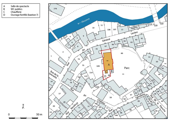 Plan-masse et de situation. Extrait du plan cadastral de la Direction Générale des Finances Publiques (DGFiP), 2022, section AH, 1/1 000. © Région Bourgogne-Franche-Comté, Inventaire du patrimoine