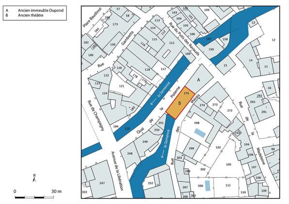 Plan-masse et de situation. Extrait du plan cadastral de la Direction Générale des Finances Publiques (DGFiP), 2022, section AK, 1/1 000 agrandi à 1/750. © Région Bourgogne-Franche-Comté, Inventaire du patrimoine