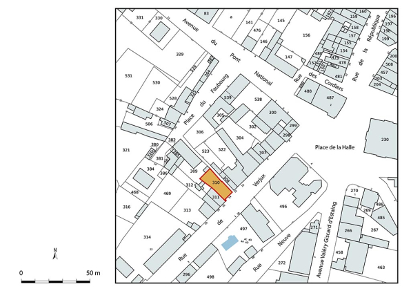 Plan-masse et de situation. Extrait du plan cadastral de la Direction Générale des Finances Publiques (DGFiP), 2022, section AD, 1/1 000. © Région Bourgogne-Franche-Comté, Inventaire du patrimoine