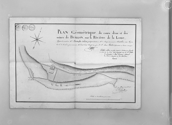 Plan géométrique du cours d'eau et des usines de Buillon sur la rivière de la Loue. © Région Bourgogne-Franche-Comté, Inventaire du patrimoine