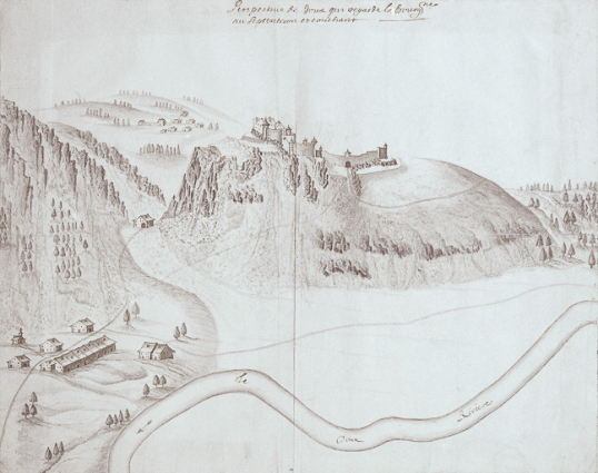 "Perspective de Joux qui regarde vers la Bourgogne". (Entre 1589 et 1689), tiré de l'Atlas 106. © Région Bourgogne-Franche-Comté, Inventaire du patrimoine