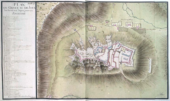 Plan du château de Joux pour servir aux projets de 1755, tiré de l'Atlas 46. © Région Bourgogne-Franche-Comté, Inventaire du patrimoine