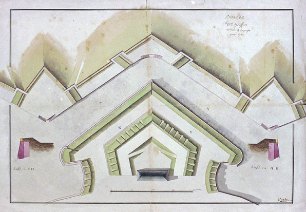 Plan du front nord du fort Griffon. Article 9 du projet pour 1771. © Région Bourgogne-Franche-Comté, Inventaire du patrimoine Plan du front nord du fort Griffon. Article 9 du projet pour 1771. © Région Bourgogne-Franche-Comté, Inventaire du patrimoine