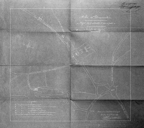 Plan : "Projet de conduite d'eau en fonte" [comporte emplacements d'édifices]. © Région Bourgogne-Franche-Comté, Inventaire du patrimoine