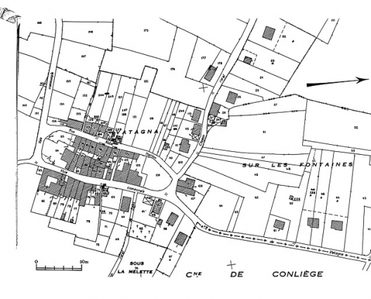 Plan avec position des maisons repérées et sélectionnées. © Région Bourgogne-Franche-Comté, Inventaire du patrimoine