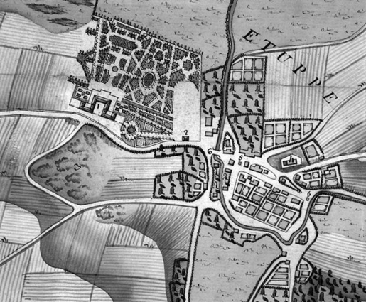 Carte des environs d'Etupes [détail du village], 1771. © Région Bourgogne-Franche-Comté, Inventaire du patrimoine