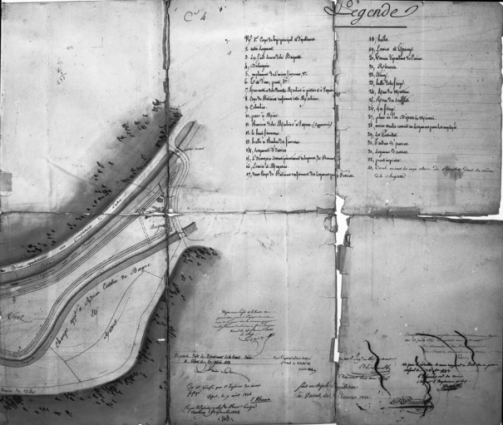 Plan de l'ensemble des usines de Baignes, de leurs dépendances et du cours d'eau appelé la Baignotte sur lequel elles sont situées, dressé par l'architecte soussigné dans le courant des mois [...] 1832 et janvier 1833, sur l'invitation de M. Kornprobst [...], d'après les indications de Mr Pataillot, directeur et de quelques employés desdites usines [partie droite]. © Région Bourgogne-Franche-Comté, Inventaire du patrimoine