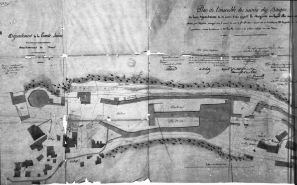 Plan de l'ensemble des usines de Baigne, de leurs dépendances et du cours d'eau appelé la Baignotte sur lequel elles sont situés [partie gauche]. © Région Bourgogne-Franche-Comté, Inventaire du patrimoine