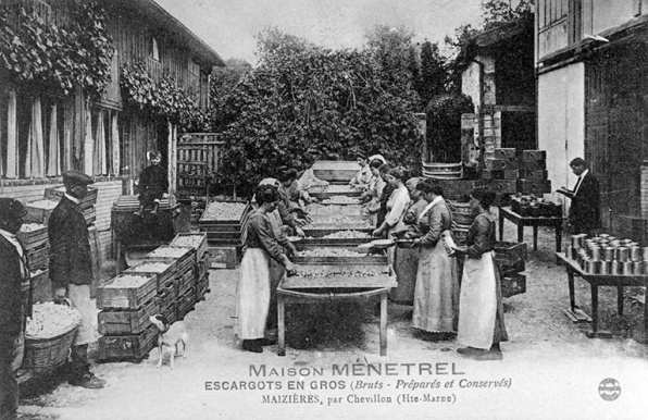 Maison Ménetrel. Escargots en gros (Bruts - Préparés et Conservés). Maizières, par Chevillon (Hte-Marne), vers 1912. © Région Bourgogne-Franche-Comté, Inventaire du patrimoine